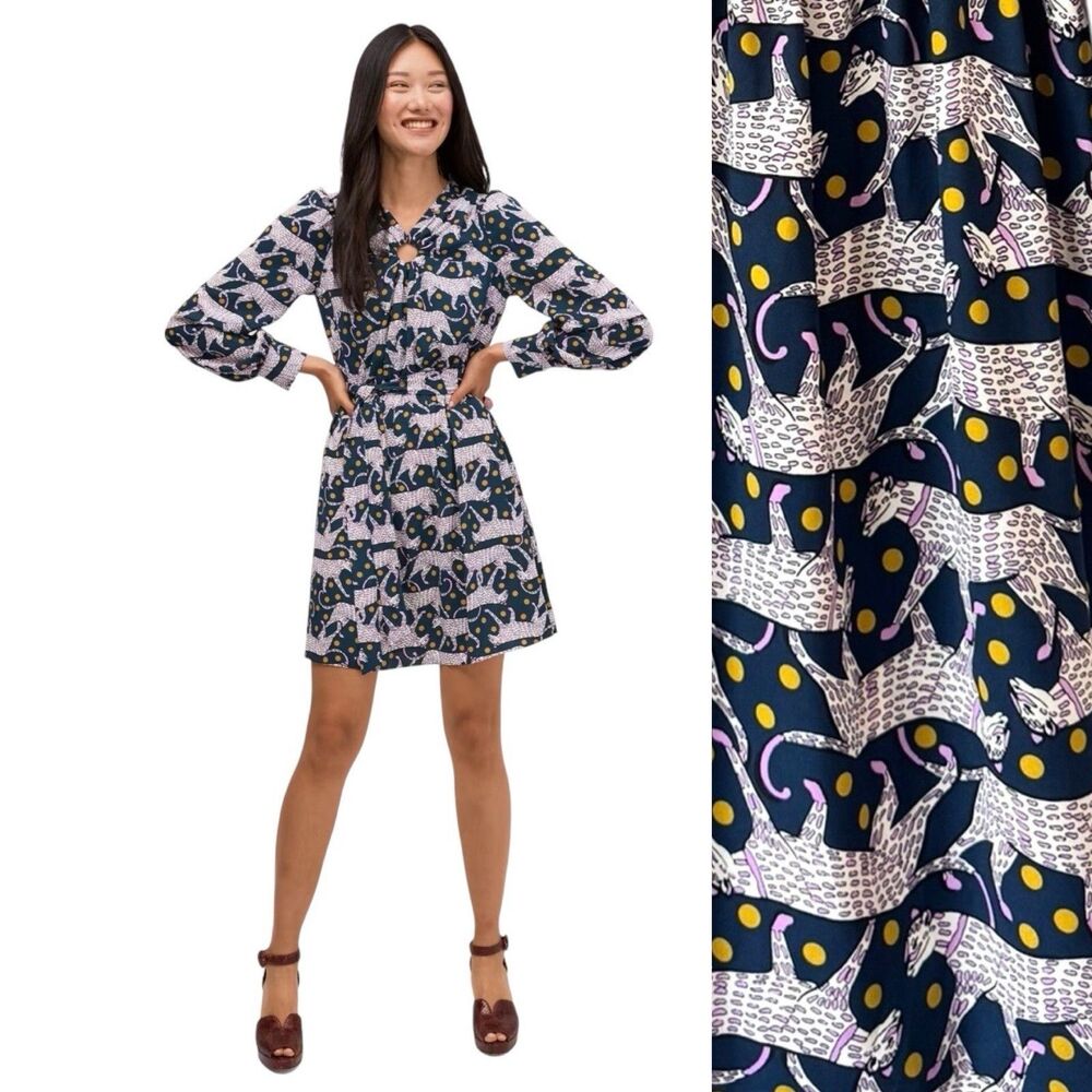 Kate Spade Panther Polka Dot Mini Dress XL Crepe Long sleeve Modern Navy FLAWED